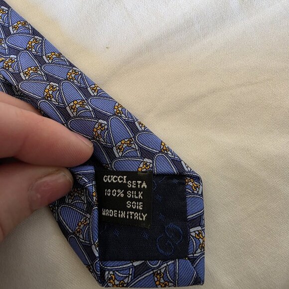 Gucci Vintage Silk Tie Blue Horsebit Equestrian Print 100% Silk Made in Italy - Picture 4 of 10